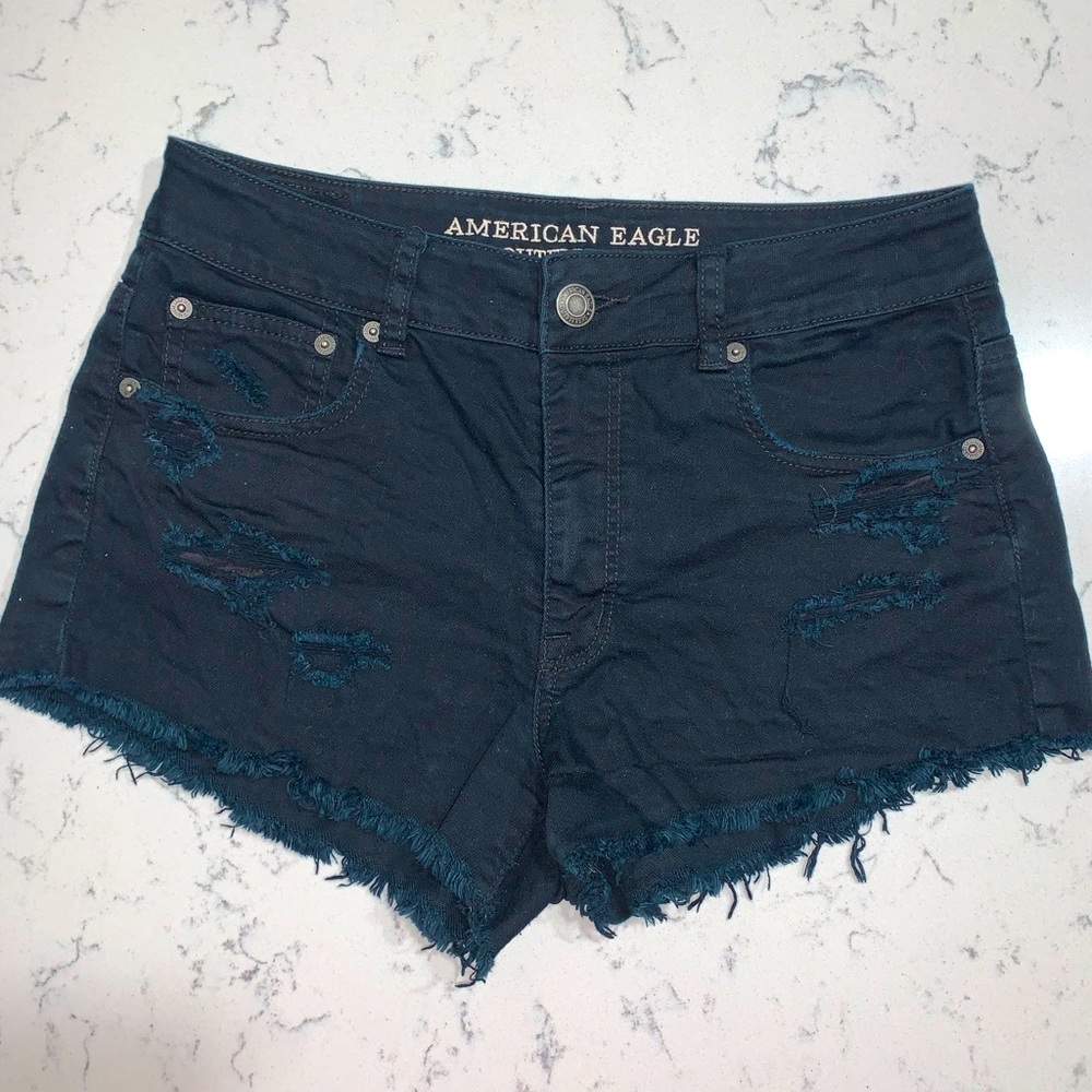 American Eagle high wasted, distressed, stretch, black jean shorts.